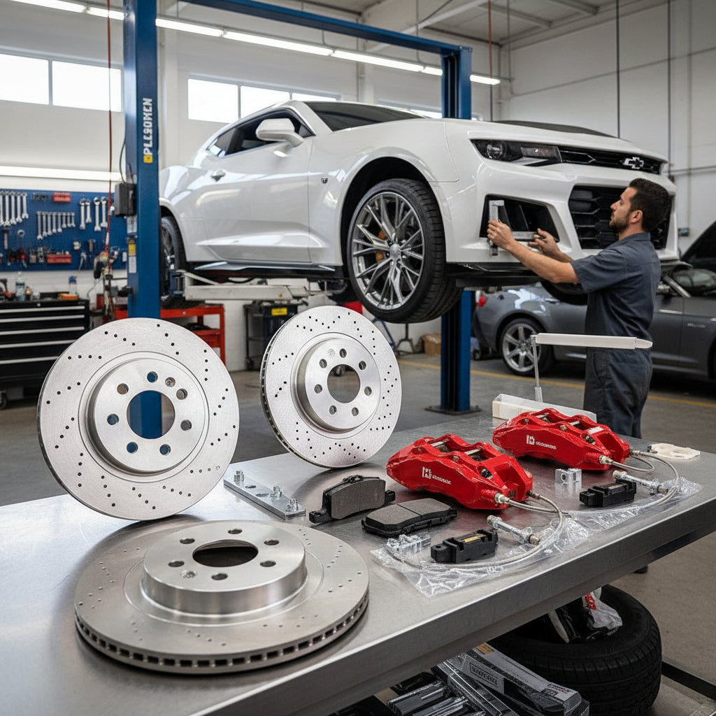 A high-performance Chevrolet Big Brake Kit featuring carbon ceramic rotors and multi-piston calipers for improved stopping po