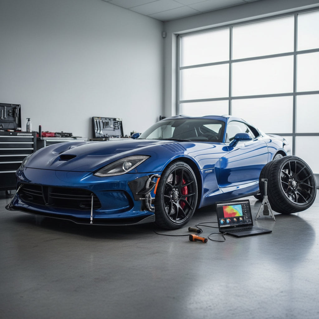 A close-up view of the front braking assembly and cooling duct inlet on a track-ready Dodge Viper Gen 5 ACR