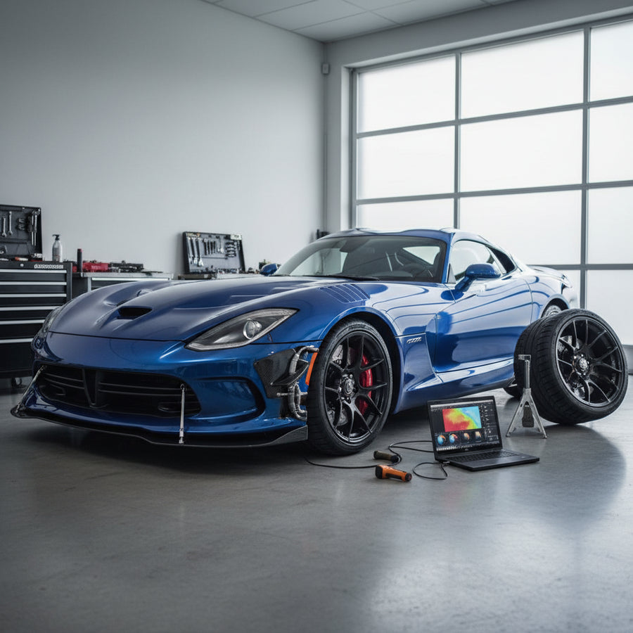 A close-up view of the front braking assembly and cooling duct inlet on a track-ready Dodge Viper Gen 5 ACR