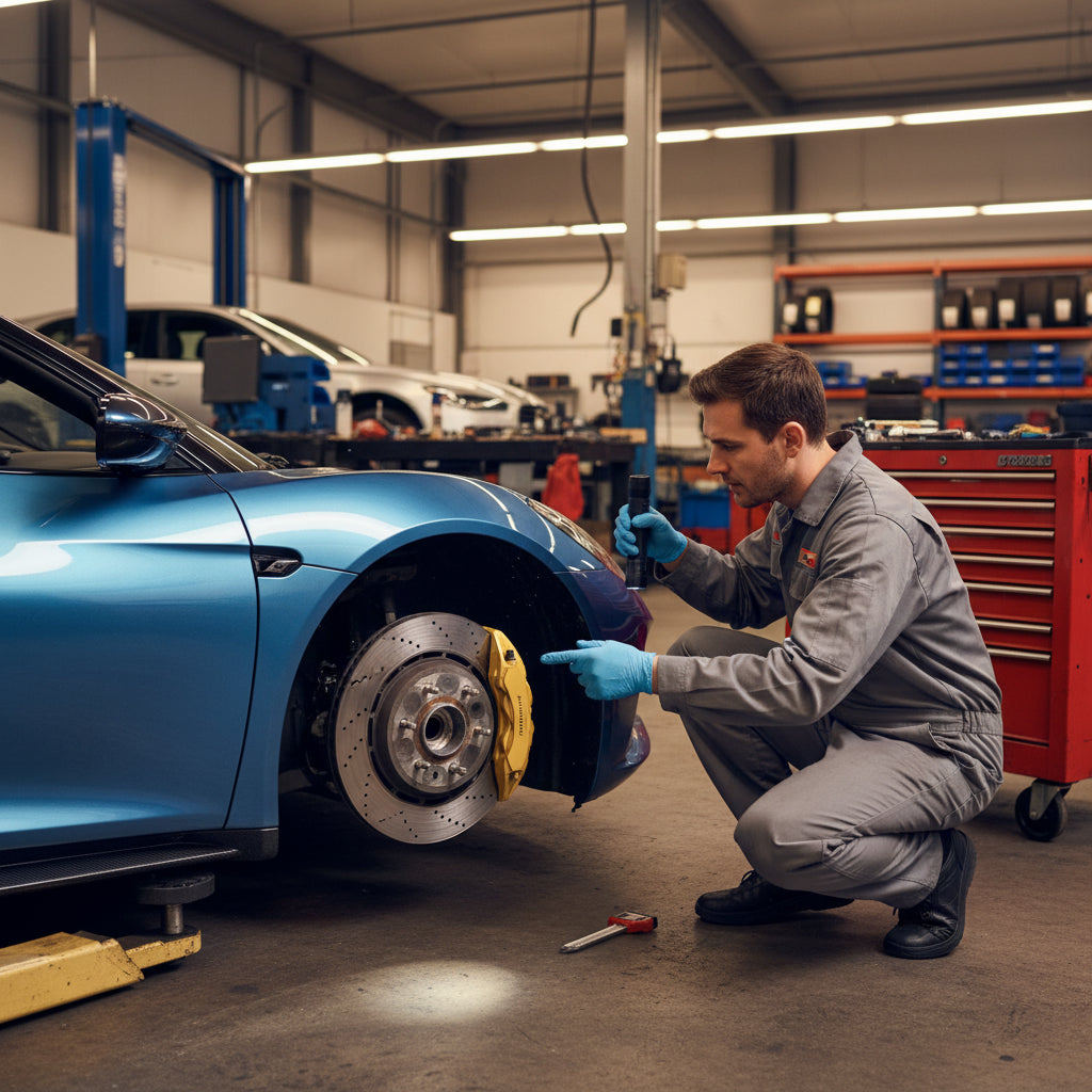 A close-up inspection of a high-performance Lotus Emira brake rotor showing the surface texture and outer edge lip for wear a