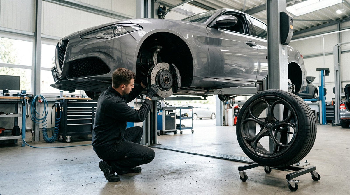 Mechanic inspecting an Alfa Romeo Big Brake Kit rotor and multi-piston caliper behind an R19 alloy wheel in a service bay.