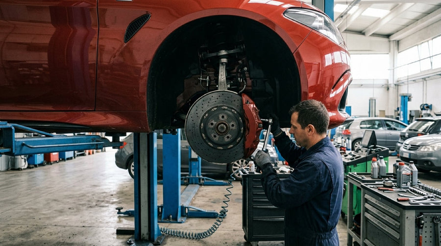 Alfa Romeo carbon ceramic brakes rotor assembly mounted on a Giulia Quadrifoglio hub in a European workshop