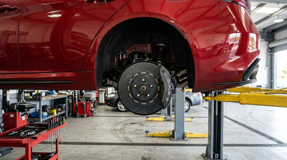 Alfa Romeo carbon ceramic conversion rotor fitted behind the factory caliper with integrated parking brake.