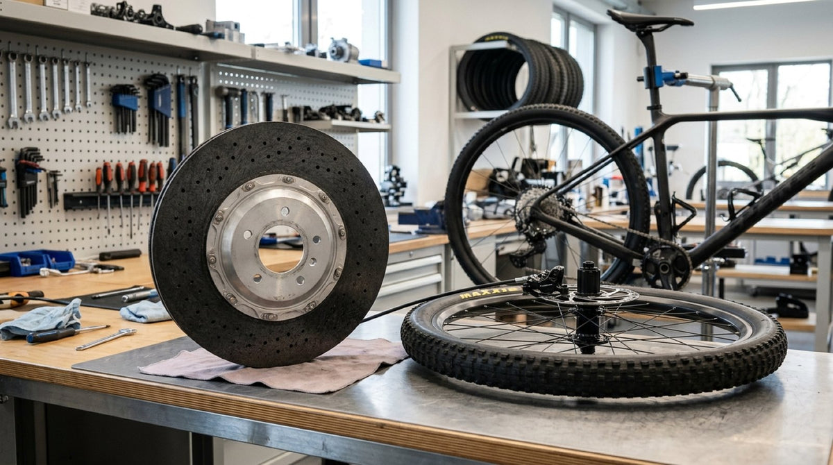 Bicycle disc brake assembly next to automotive carbon ceramic brake disc on a clean workshop bench.