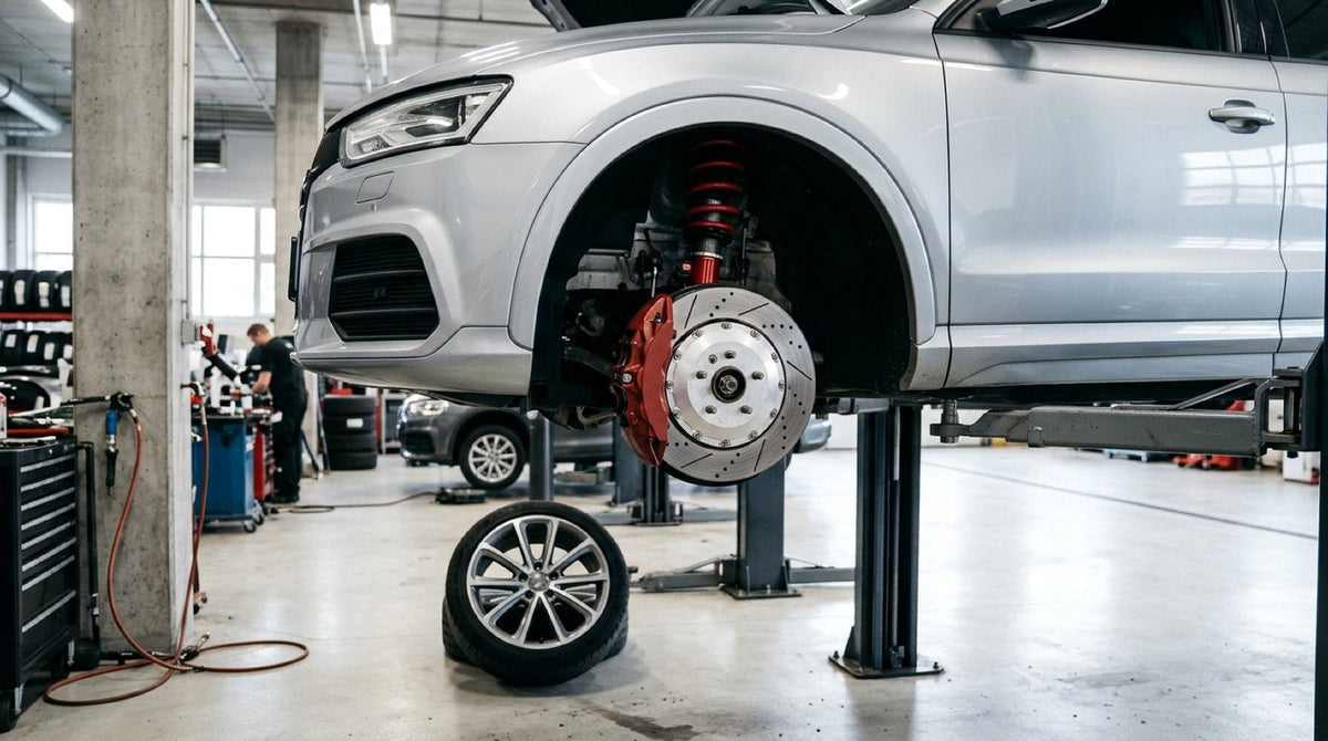 Front wheel well of an Audi Q3 showing a multi-piston Big Brake Kit behind 19-inch alloy wheels.