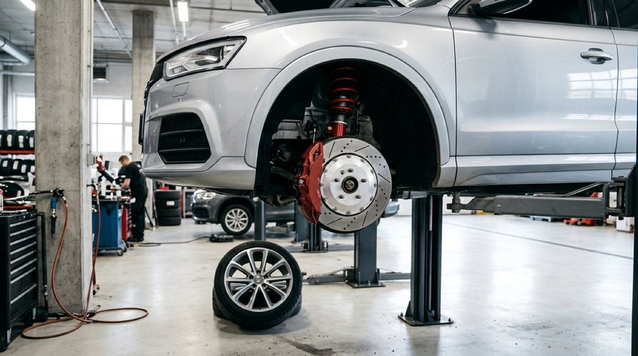 Front wheel well of an Audi Q3 showing a multi-piston Big Brake Kit behind 19-inch alloy wheels.