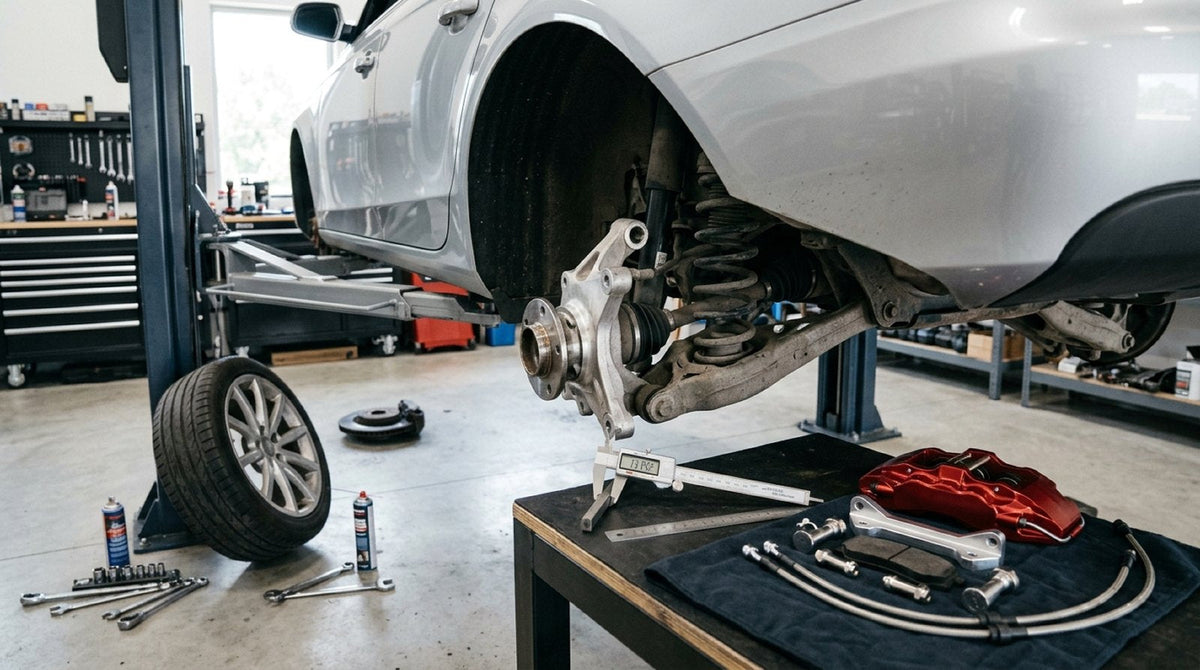 Technician inspecting rear caliper clearance during an Audi Big Brake Kit installation