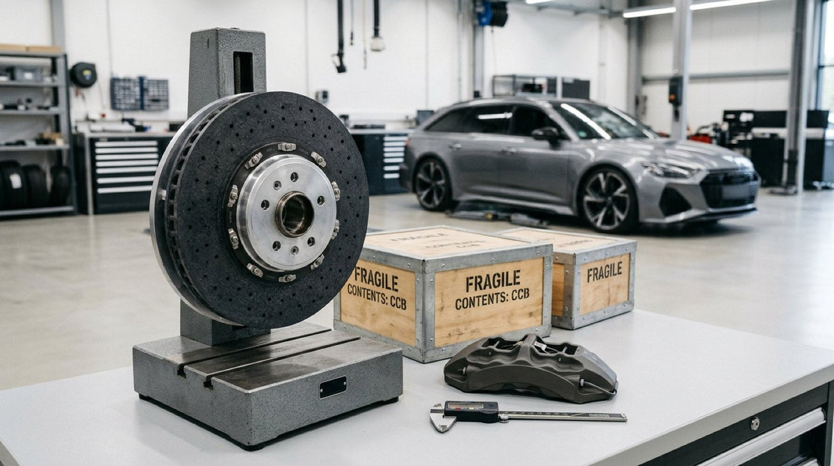 Audi RS carbon ceramic brake rotor assembly resting on a workshop bench during pre-delivery inspection