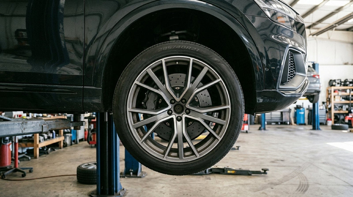 Two-piece floating carbon ceramic rotors Audi Q8 Prestige mounted behind a 21-inch multi-spoke wheel in a workshop