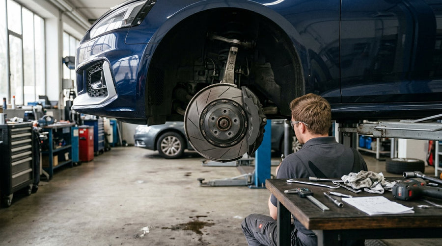 Close-up caliper clearance measurement on an Audi brake assembly for remote fitment verification