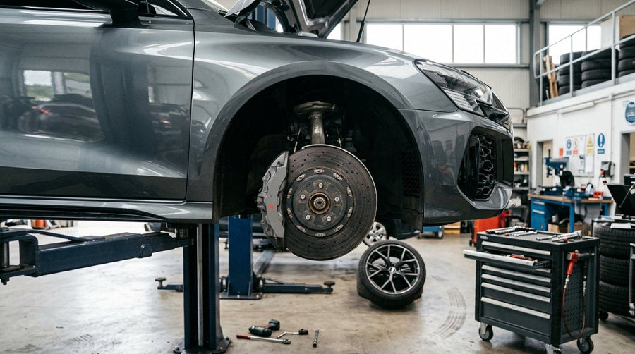 Audi RS3 8Y facelift carbon ceramic brakes rotor assembly mounted behind an alloy wheel in a workshop