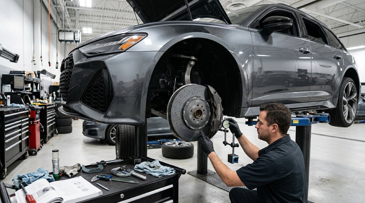 Close up inspection of Audi RS6 carbon ceramic rotors mounted to a wheel hub in a technical workshop