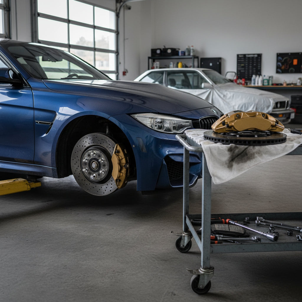 A gold BMW M Carbon Ceramic Brake caliper and rotor assembly on an F80 M3 performance sedan
