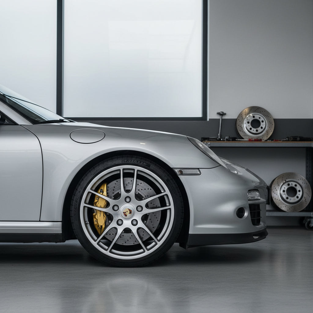 A yellow Porsche Carbon Ceramic Brake caliper and ceramic rotor installed on a Porsche 911 997 Turbo wheel