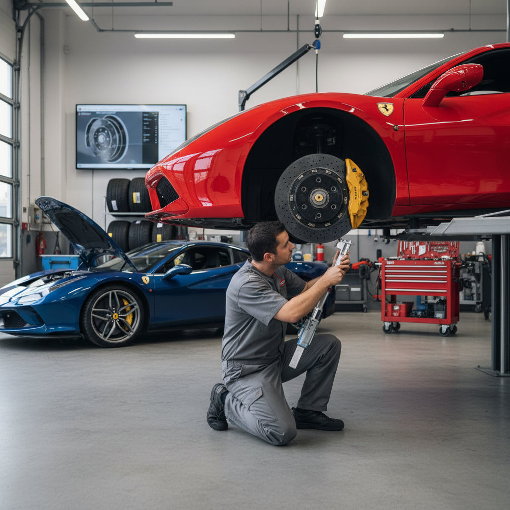 A close-up of a Ferrari F8 Tributo carbon ceramic brake disc and yellow caliper during a routine service inspection