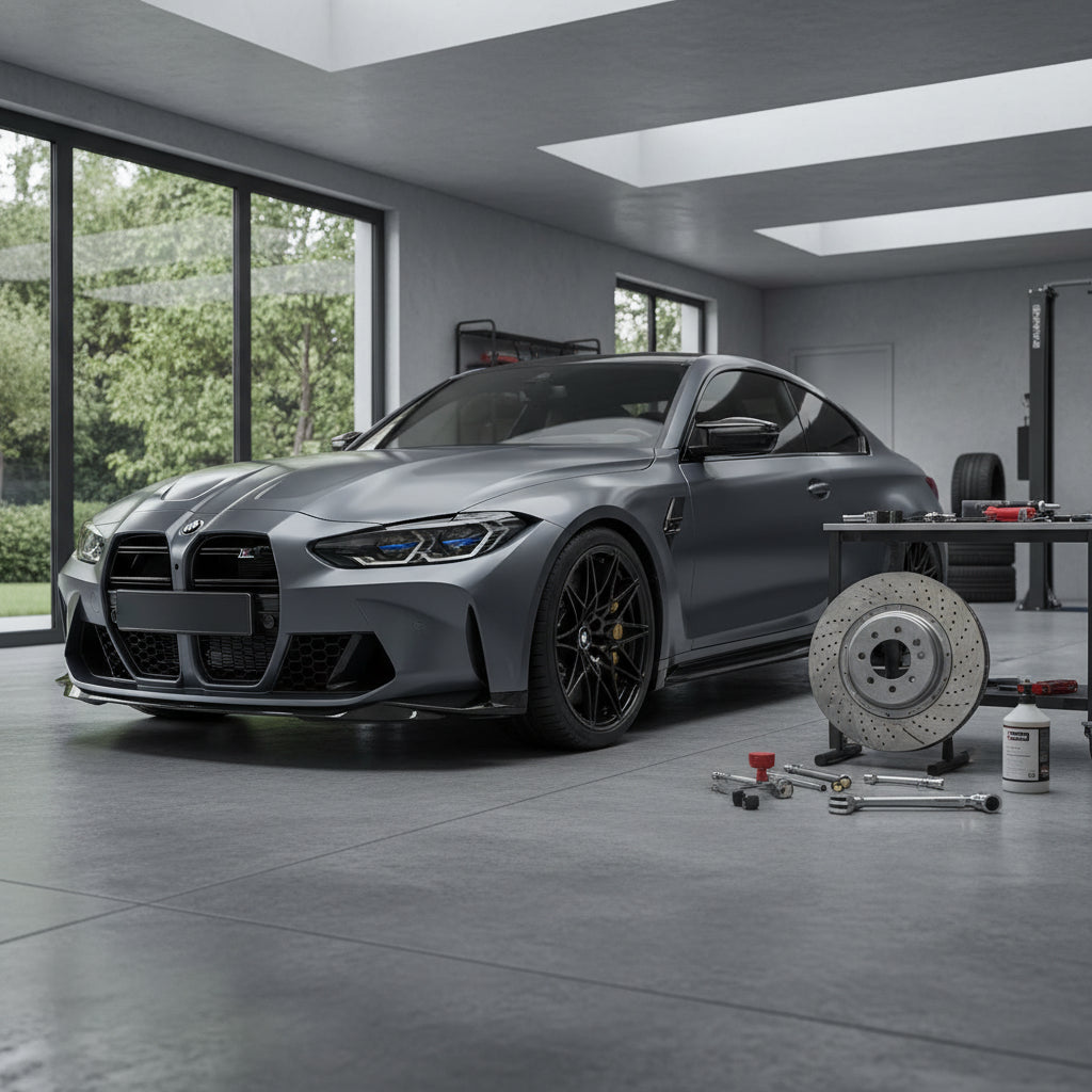 A close-up of the gold-caliper Carbon Ceramic Brake system on a BMW M3 G80 chassis with ventilated rotors