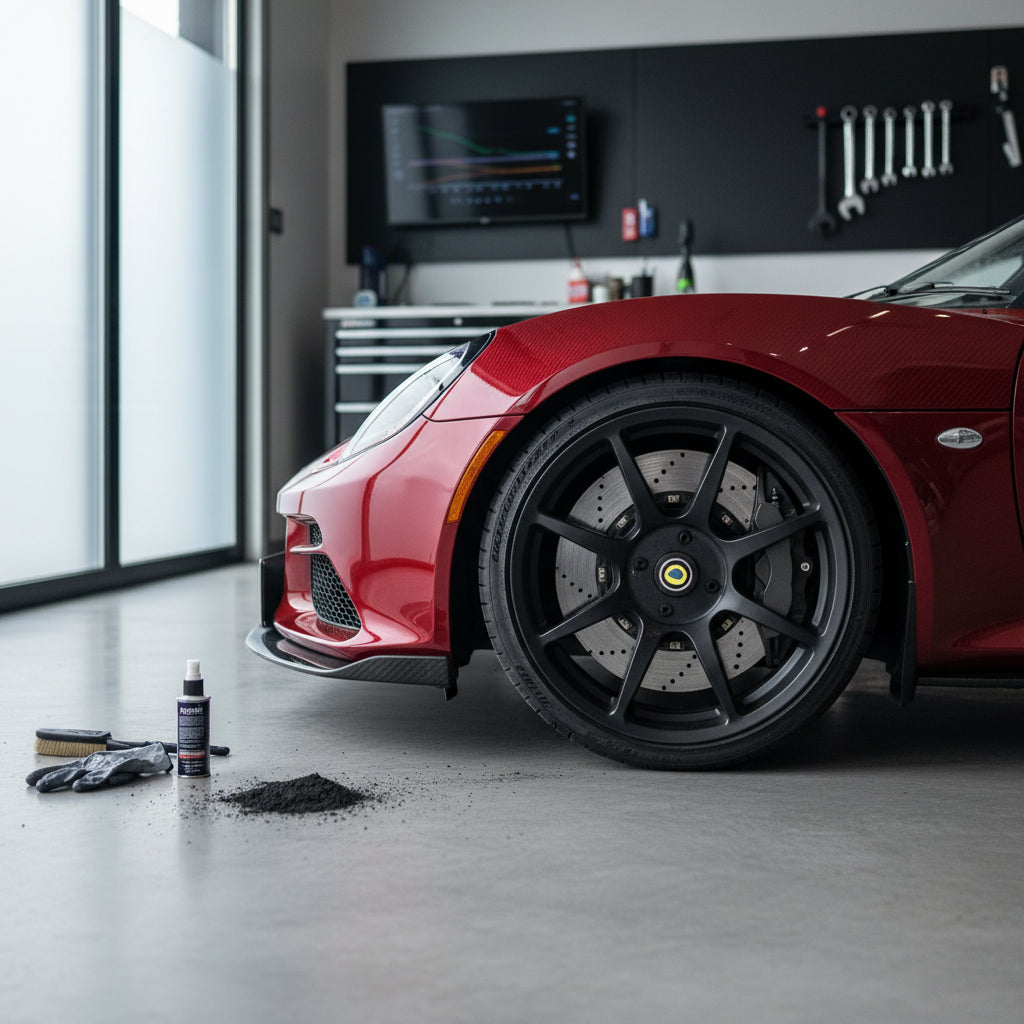 A close-up of a Lotus Exige alloy wheel and brake caliper showing signs of brake dust accumulation on the rotor hat