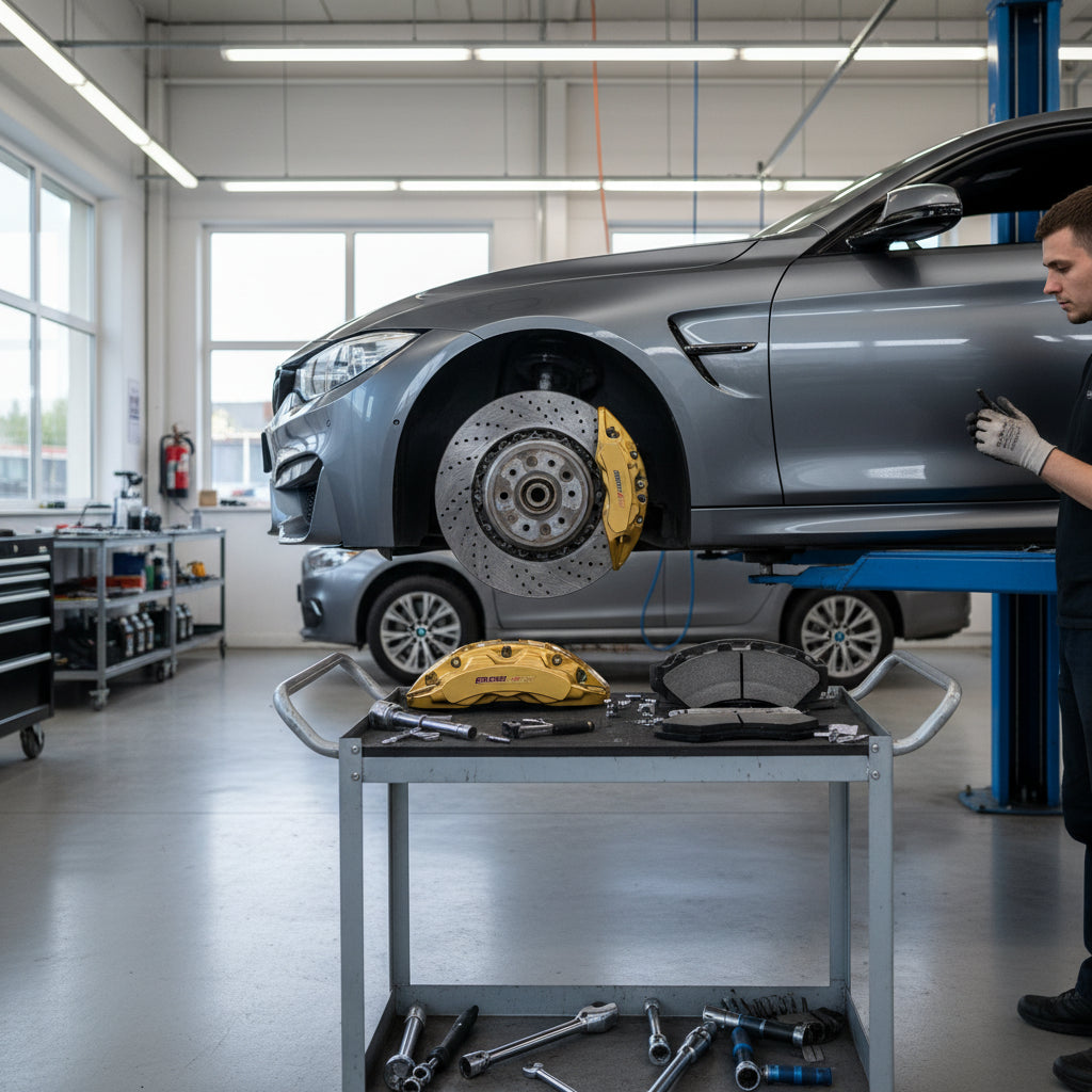 A BMW M4 F82 equipped with gold-painted M Carbon Ceramic Brakes featuring 400mm front rotors and 6-piston calipers