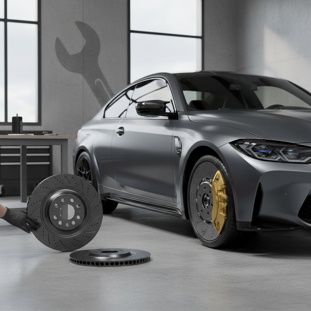 A close-up view of the gold-painted calipers and carbon ceramic brake rotors on a BMW M3 G80 performance sedan