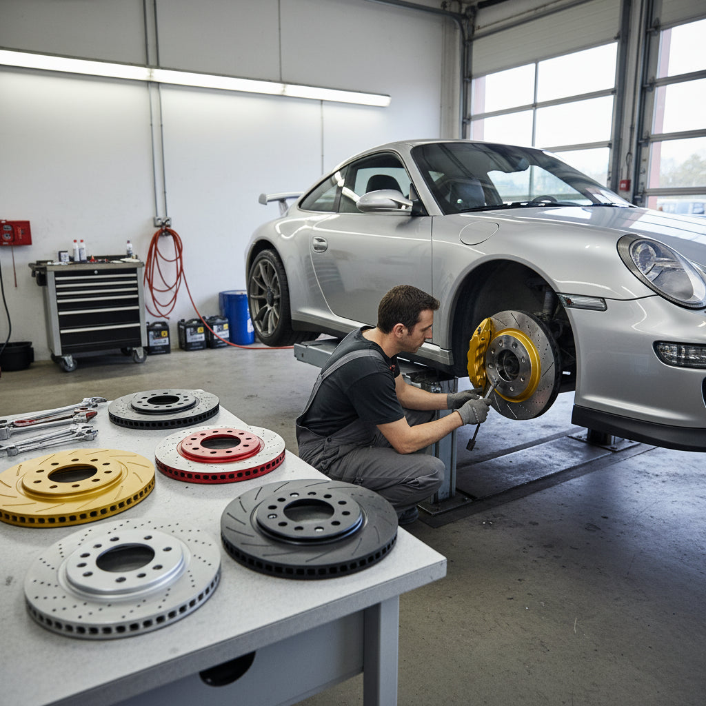 A pair of Alcon replacement iron rotors with aluminum hats designed for the Porsche 997 GT3 equipped with the PCCB system