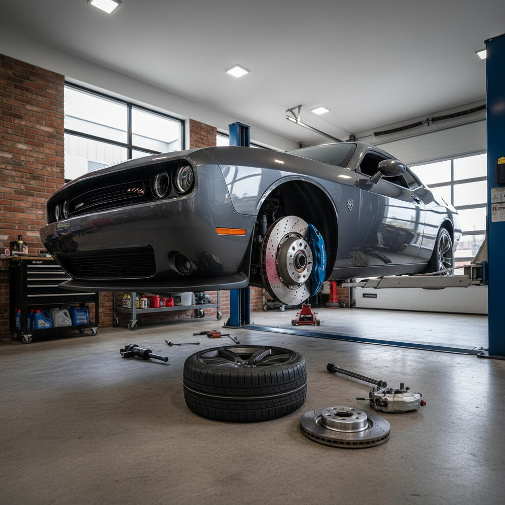 A high-performance carbon ceramic brake rotor and multi-piston caliper assembly suitable for a performance coupe retrofit