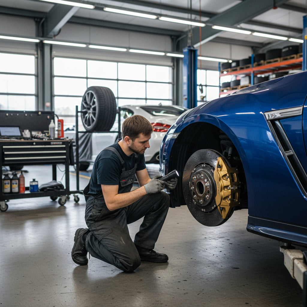 A Nissan GT-R R35 performance brake system featuring carbon ceramic rotors and high-performance calipers for track use