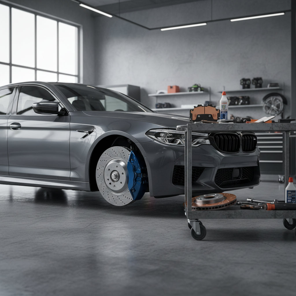 A close-up of the gold M Performance carbon ceramic brake system installed on a BMW M5 F90 with 20-inch wheels