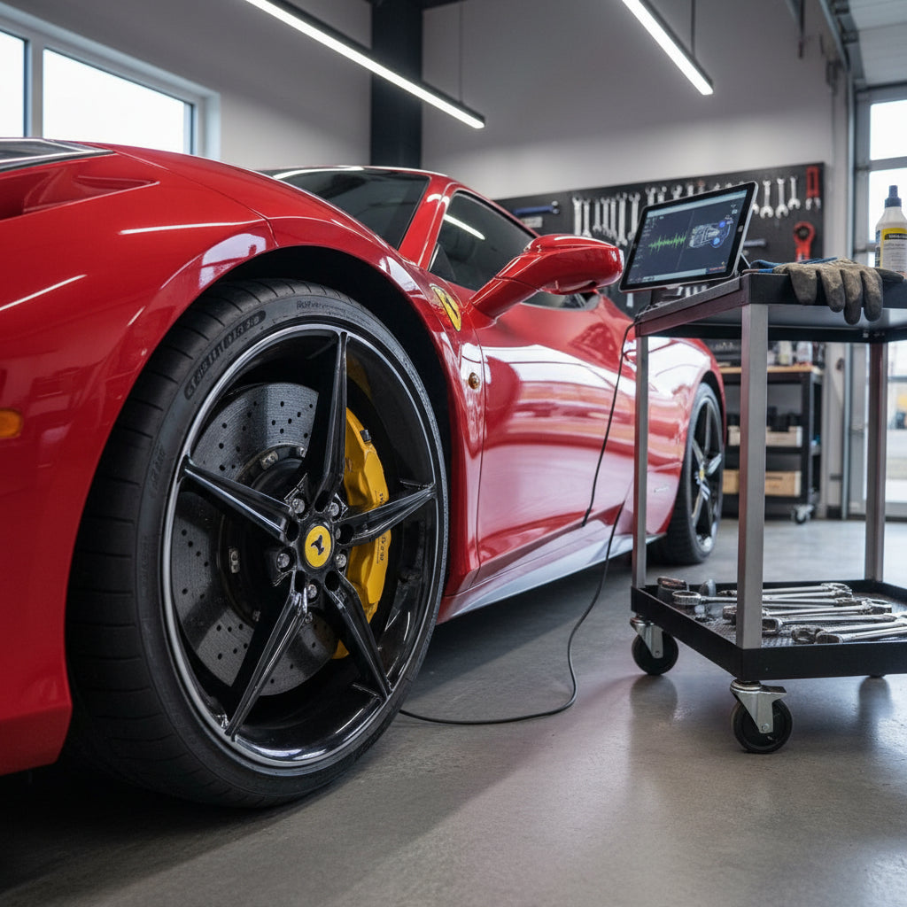 Ferrari 458 carbon ceramic brake rotor and caliper assembly showing typical wear patterns