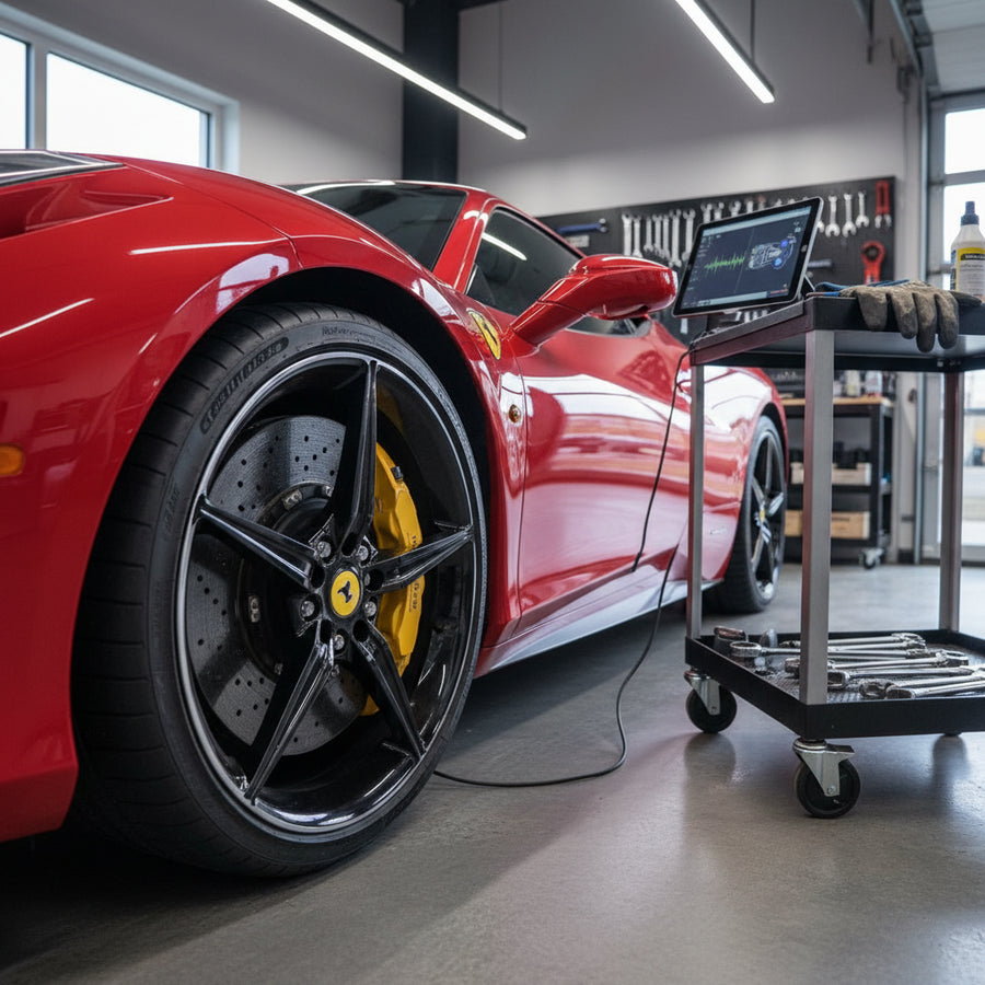 Ferrari 458 carbon ceramic brake rotor and caliper assembly showing typical wear patterns