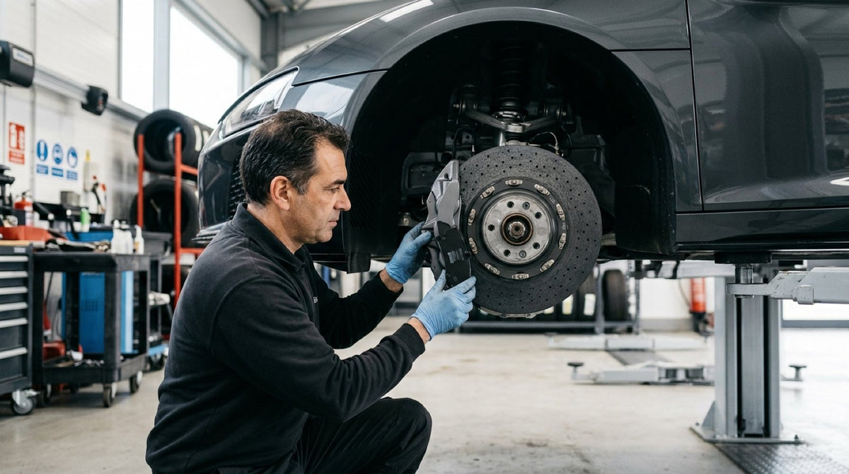 Brake pad compounds for carbon ceramic rotors inspected on a workshop bench beside a lightweight composite disc.