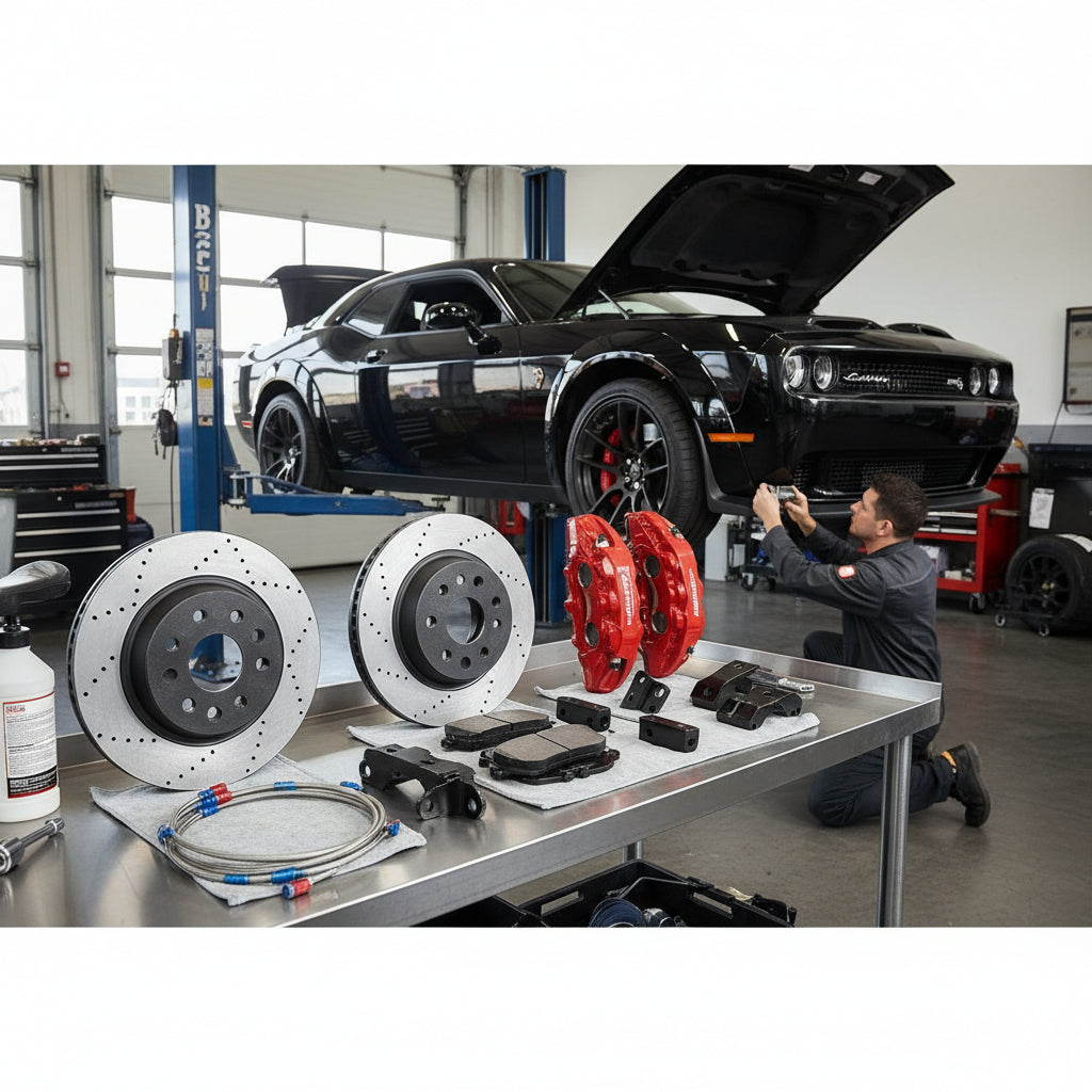 A high-performance Dodge Hellcat Big Brake Kit featuring multi-piston calipers and oversized carbon ceramic rotors for a Char