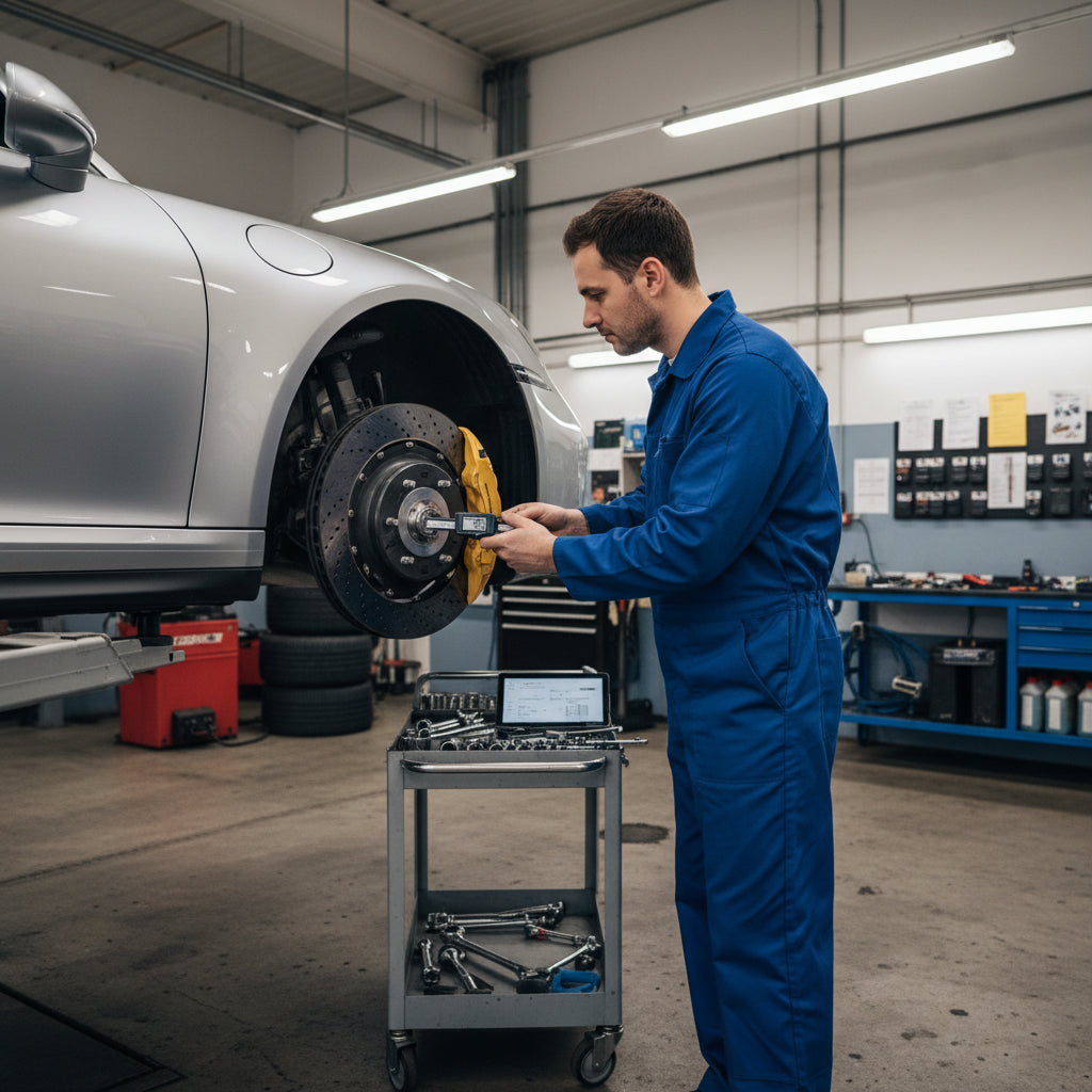 Technician measuring carbon ceramic brake rotor thickness on Porsche 911 PCCB system
