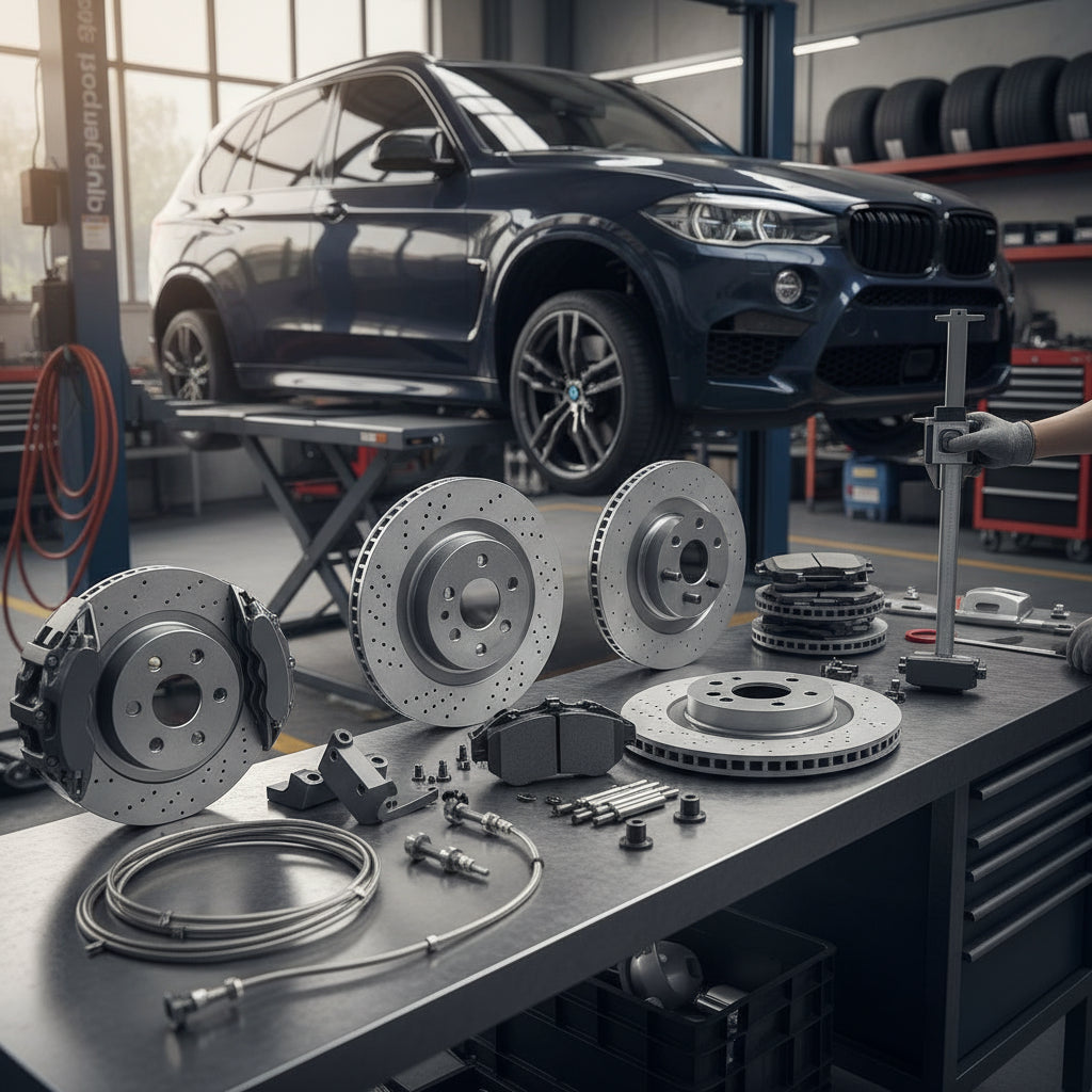 A high-performance BMW Big Brake Kit featuring large calipers and carbon ceramic rotors installed on a BMW X5M SUV