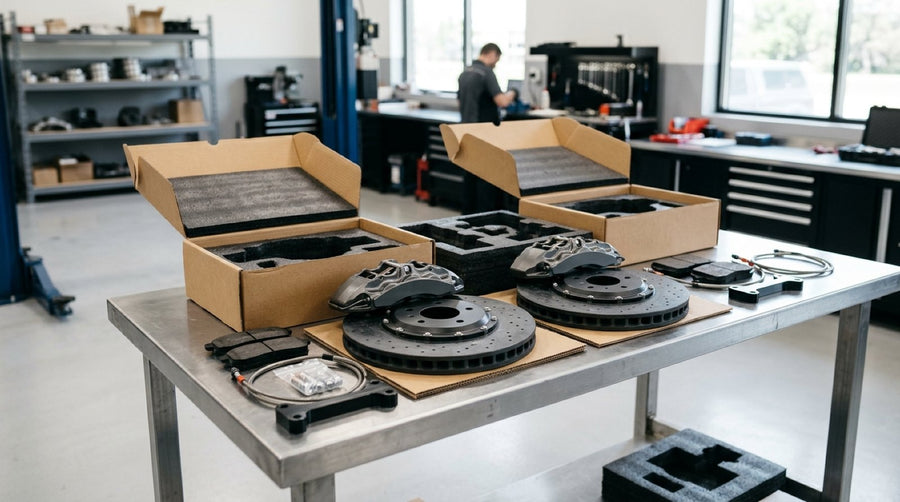Packaged big brake kit calipers and boxed brake rotors resting on a workshop workbench awaiting installation