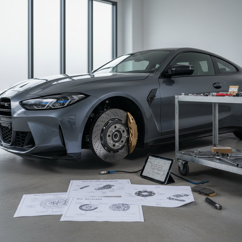 A complete BMW M Carbon Ceramic Brake retrofit kit including gold calipers and large ceramic rotors for G80 M3 models