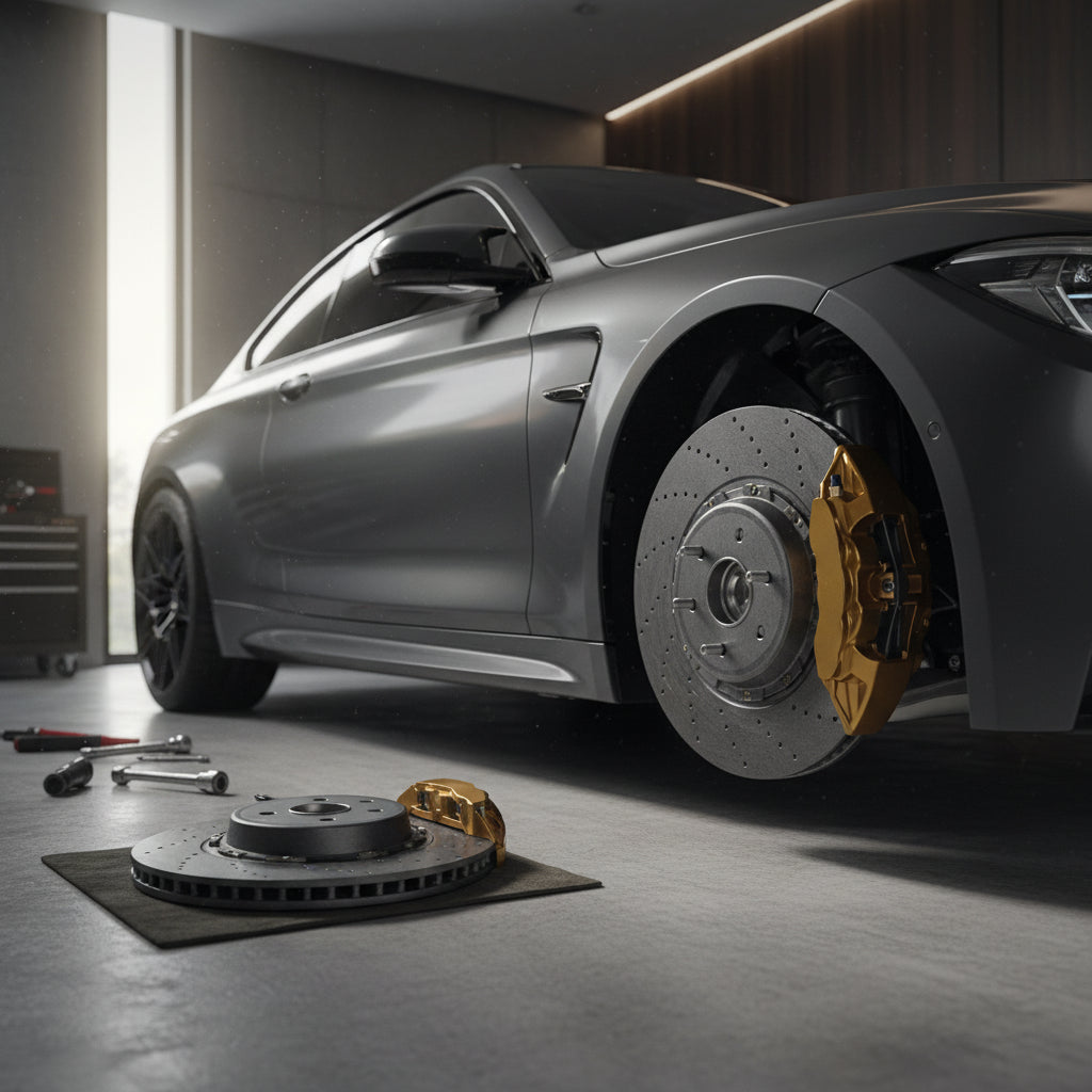 A close-up view of a gold-caliper BMW M carbon ceramic brake rotor assembly on a high-performance M5 chassis