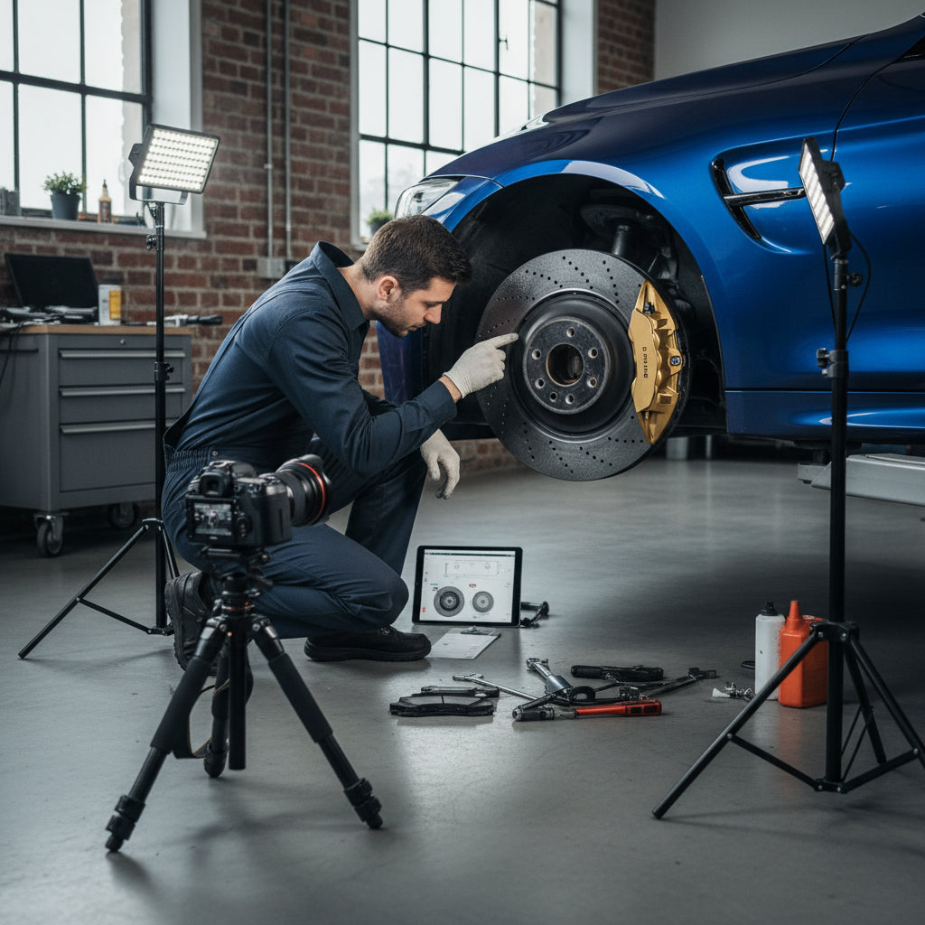 A close-up inspection of a BMW F82 M4 gold caliper and carbon ceramic brake rotor showing the wear indicator circles and surf