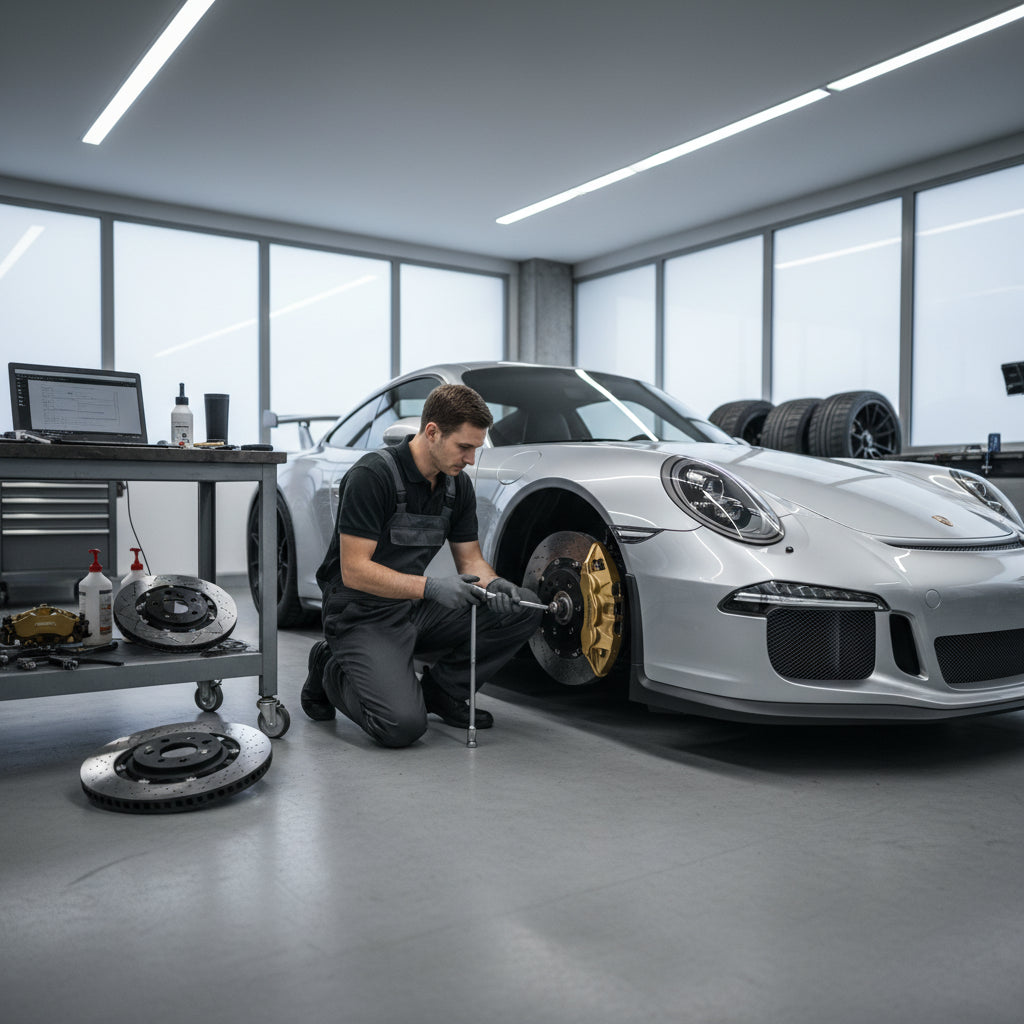 A close-up view of the yellow PCCB brake calipers and carbon ceramic rotors on a Porsche 911 GT3