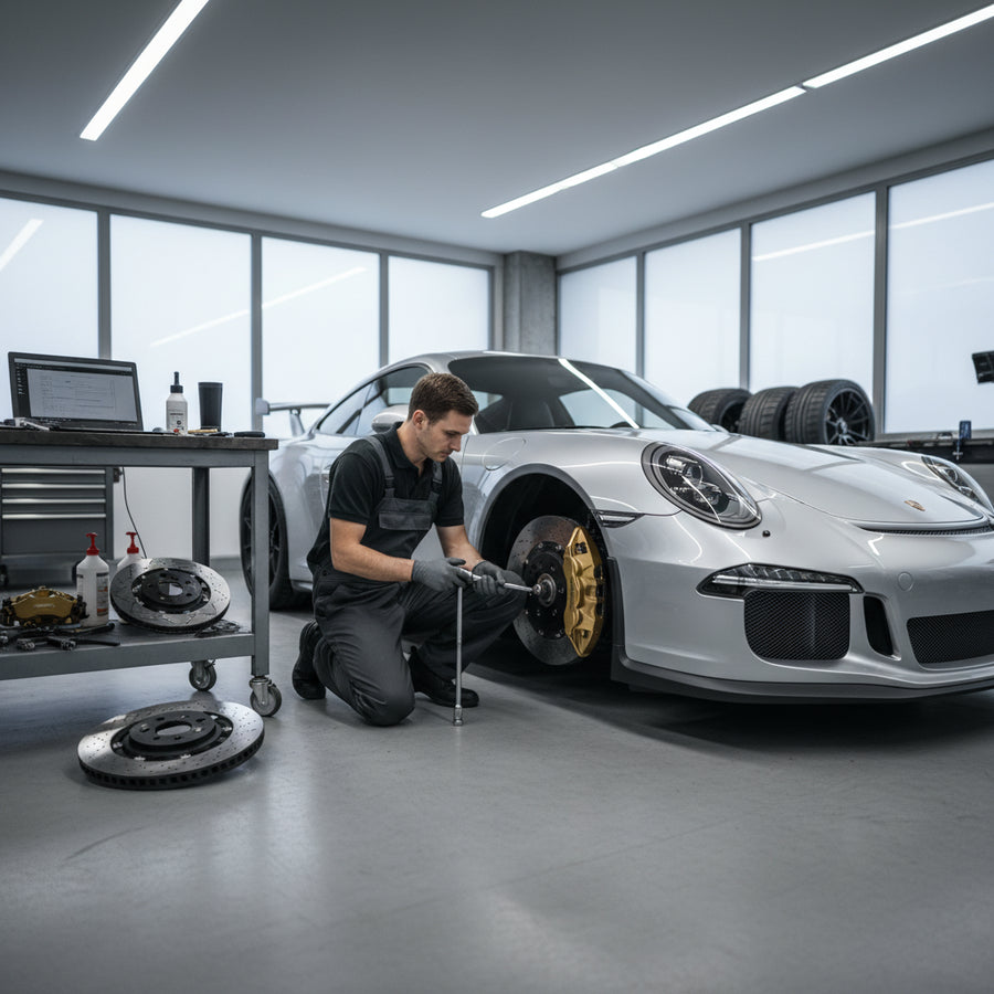 A close-up view of the yellow PCCB brake calipers and carbon ceramic rotors on a Porsche 911 GT3