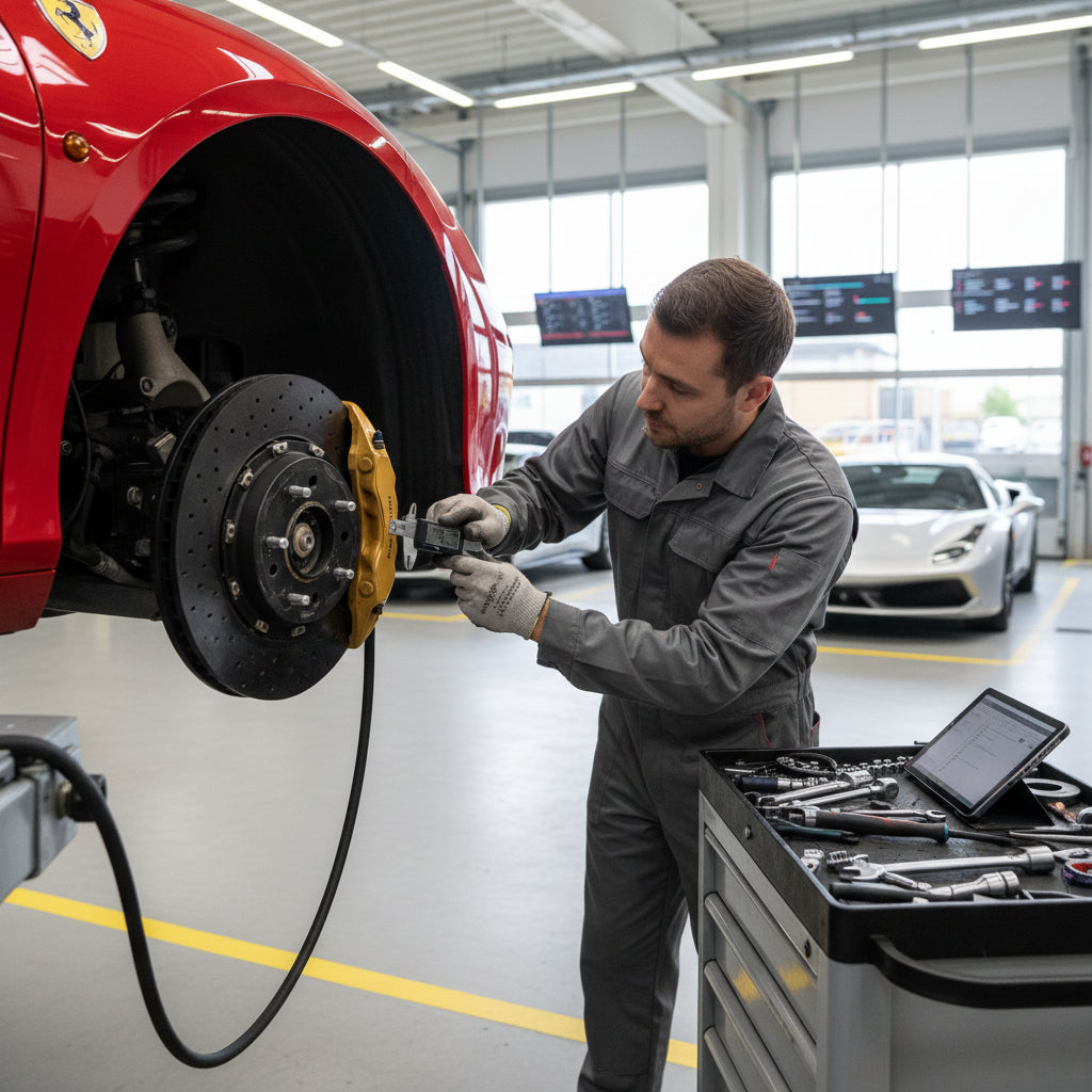 A high-performance carbon ceramic brake rotor and caliper assembly on a Ferrari F8 Tributo
