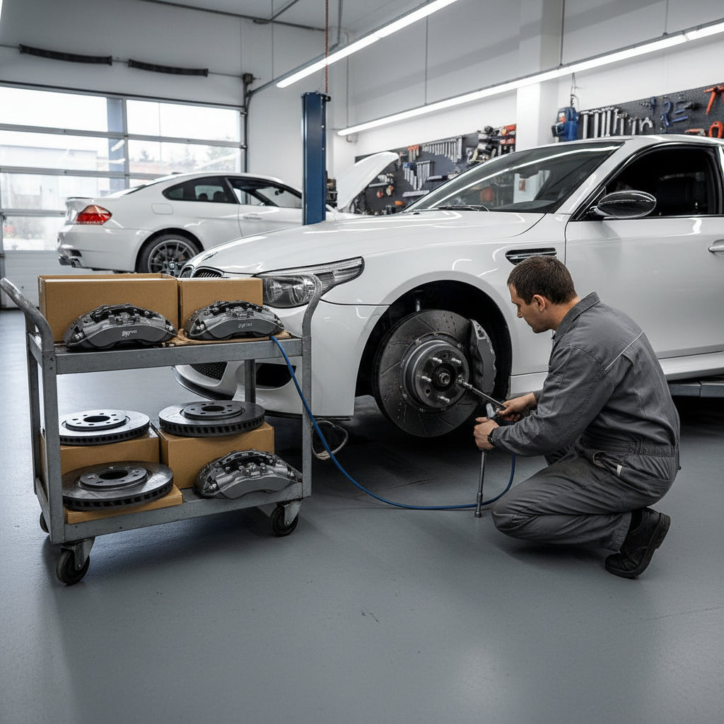 Gold BMW carbon ceramic brake calipers and 400mm rotors installed on a performance vehicle with high-clearance wheels