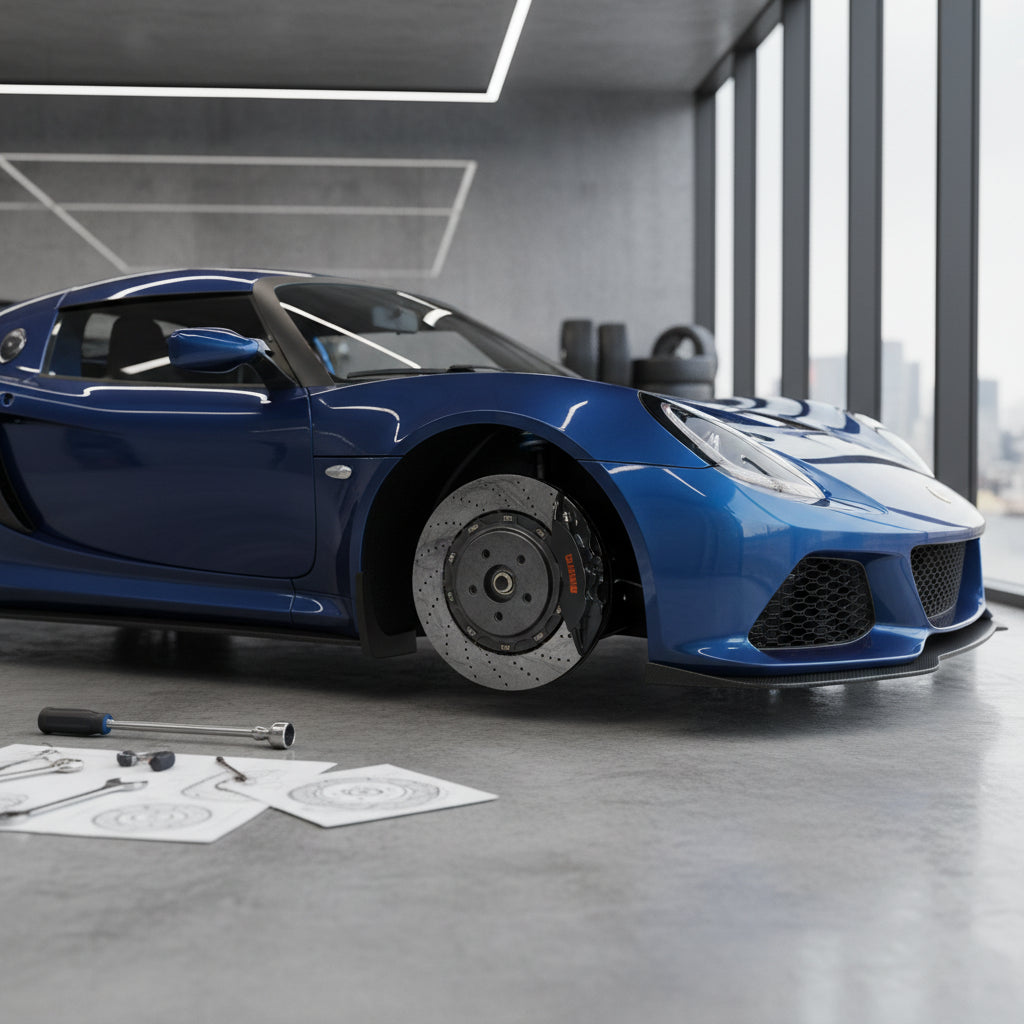 A track-prepared Lotus Exige showing the wheel assembly and performance brake components
