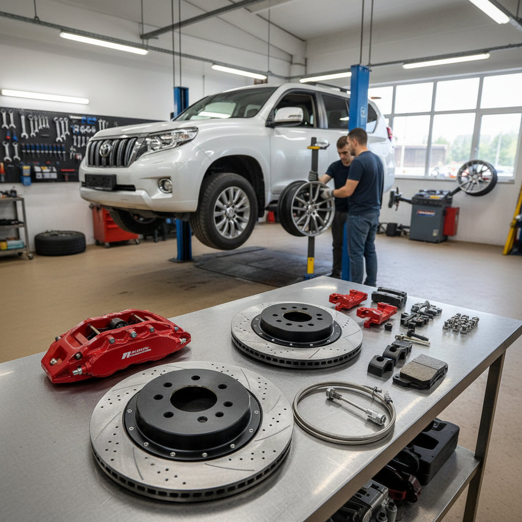 High-performance Toyota Big Brake Kit with large calipers and rotors installed behind off-road wheels