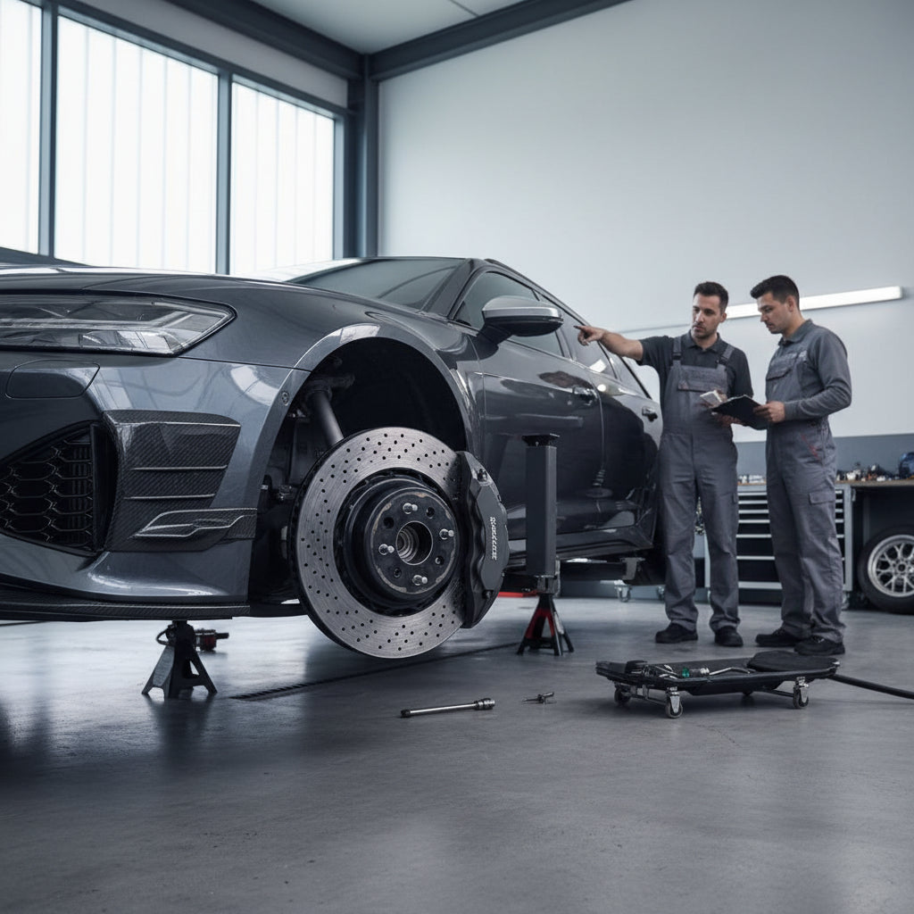 A close-up view of a high-performance Audi RS6 carbon ceramic brake rotor and red caliper setup showing zero dust accumulatio