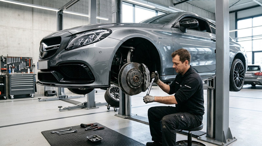 Mercedes-AMG caliper and carbon ceramic brake pads arranged on a workshop bench