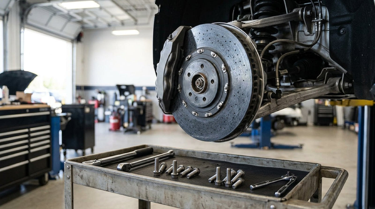 Precision hardware and carbon ceramic brake rotors mounted on a Chevrolet Corvette hub assembly.