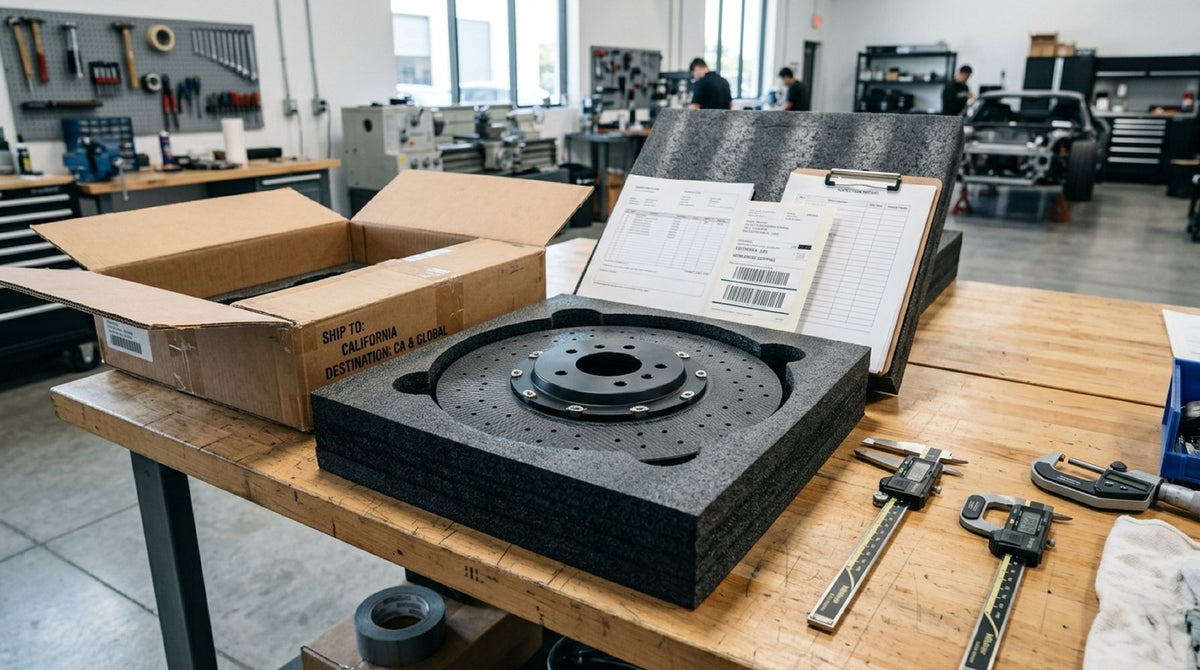 Carbon ceramic brake rotor packed securely in protective high-density foam inside a shipping crate.