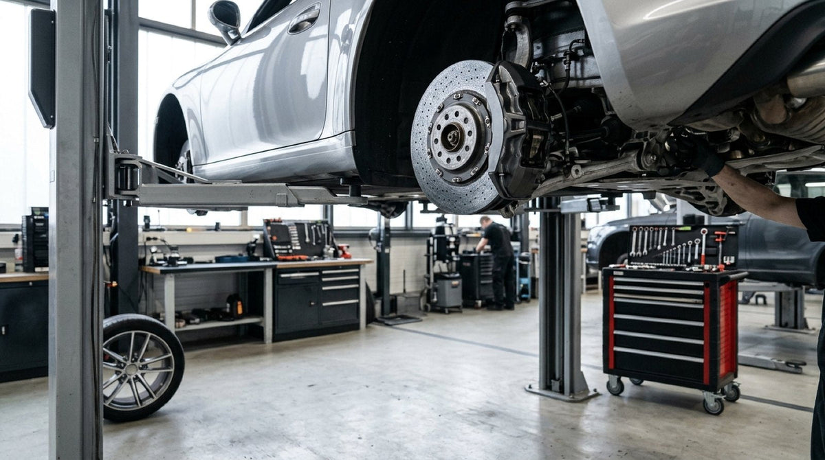 Front carbon ceramic brake rotors mounted on a sports car hub inside a workshop