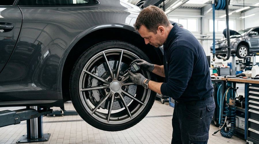 Technician performing carbon ceramic rotor wear measurement using a precision tool in a clean workshop