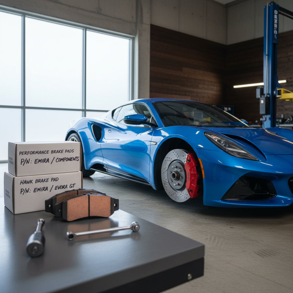 A set of high-performance Hawk brake pads designed for the Lotus Emira and Evora GT performance braking systems
